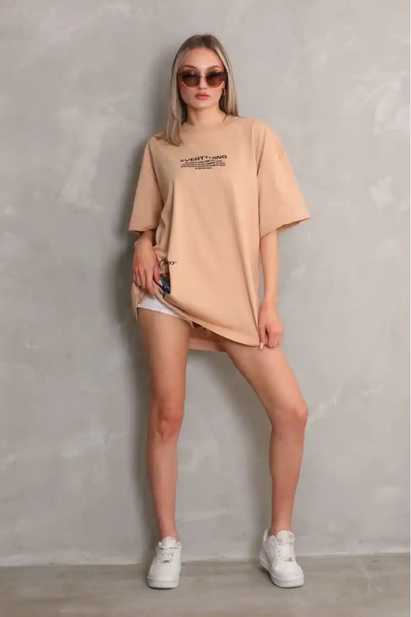 kadın Bisiklet Yaka Baskılı Oversize T-Shirt - Bej