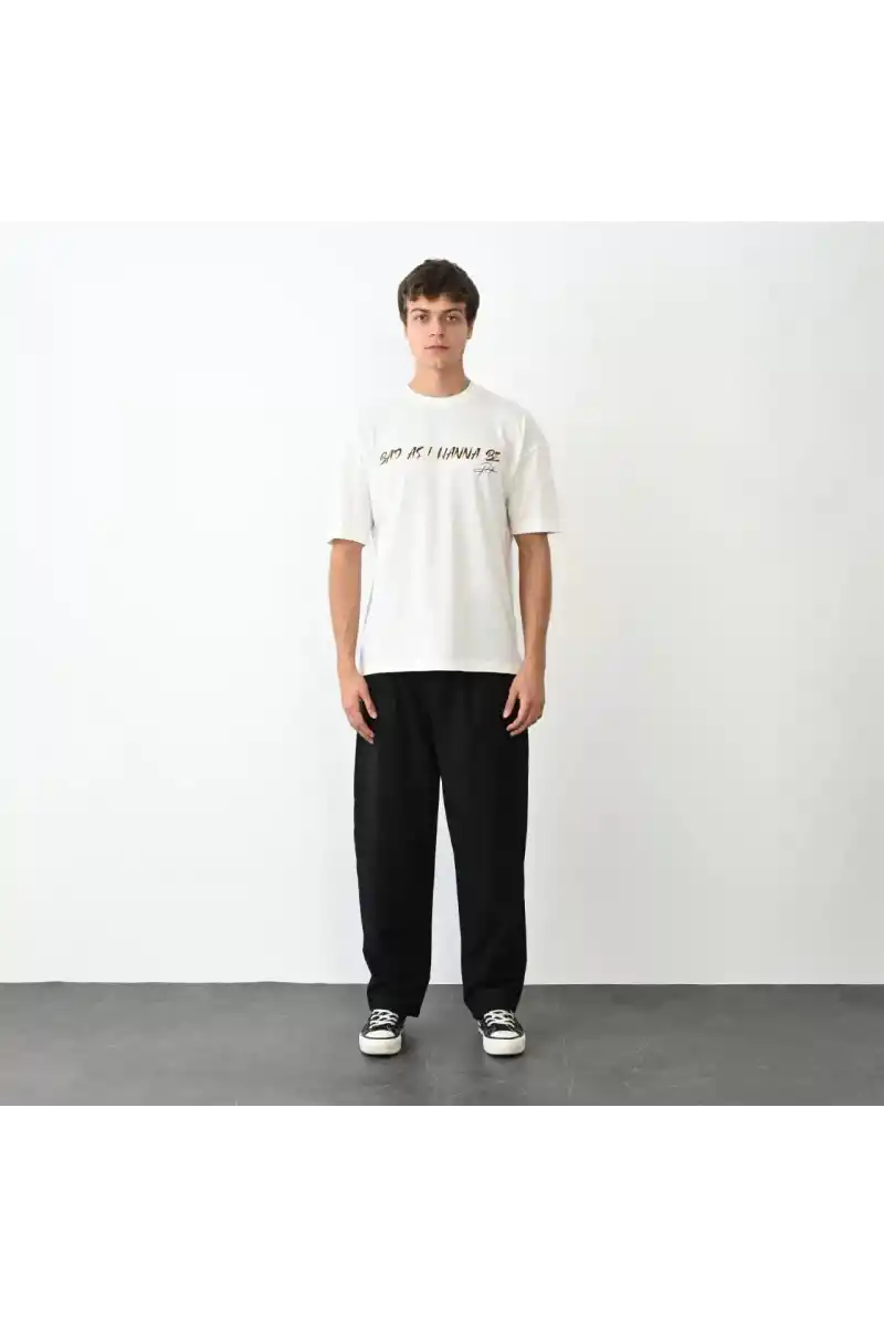 Unisex Bisiklet Yaka Baskılı Oversize T-Shirt - Beyaz