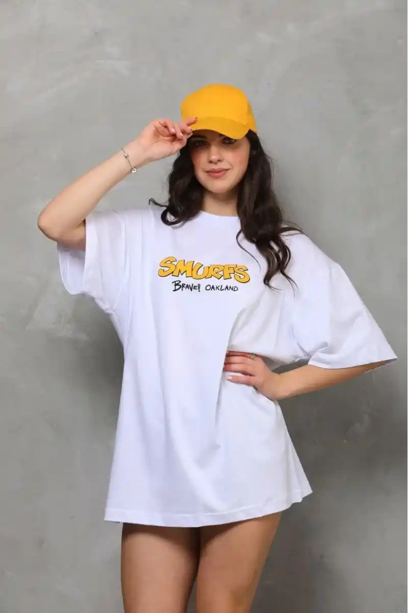 kadın Bisiklet Yaka Baskılı Oversize T-Shirt - Beyaz