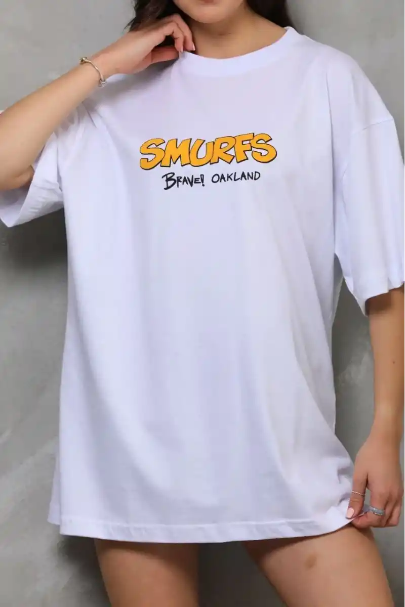 kadın Bisiklet Yaka Baskılı Oversize T-Shirt - Beyaz