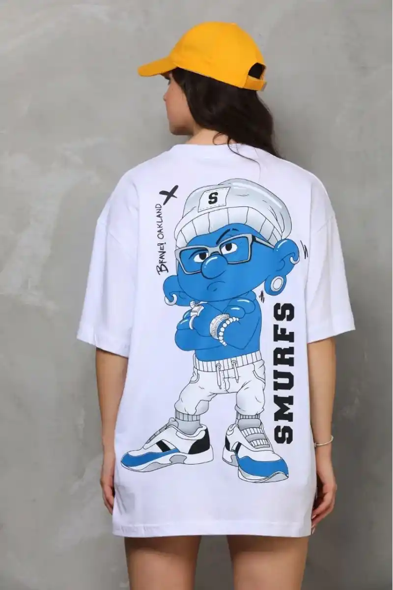 kadın Bisiklet Yaka Baskılı Oversize T-Shirt - Beyaz