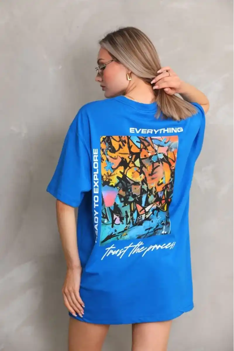 kadın Bisiklet Yaka Baskılı Oversize T-Shirt - Mavi