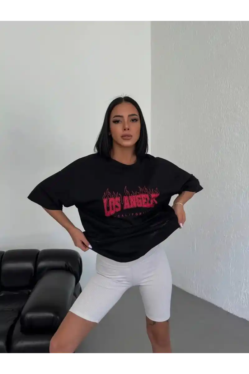 kadın Bisiklet Yaka Baskılı Oversize T-Shirt - Siyah