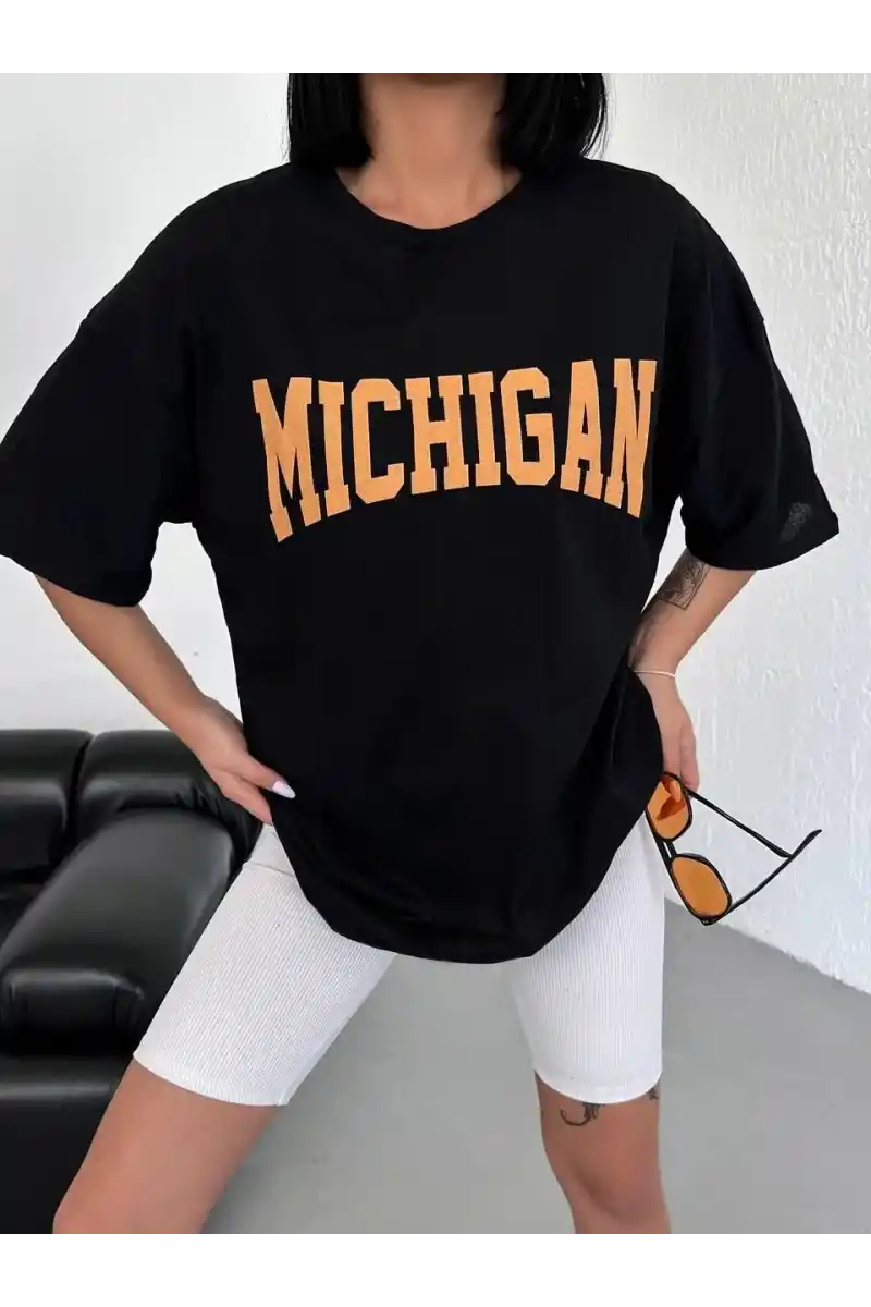 kadın Bisiklet Yaka Baskılı Oversize T-Shirt - Siyah