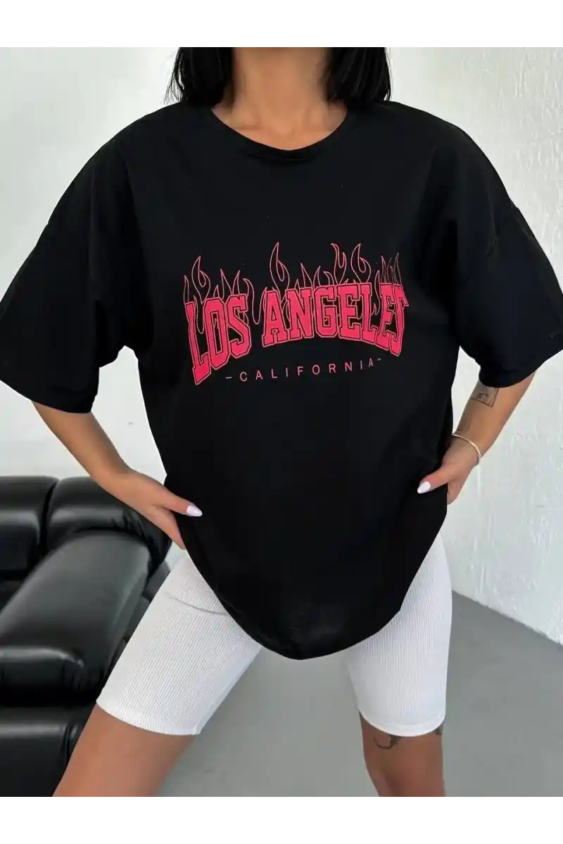 kadın Bisiklet Yaka Baskılı Oversize T-Shirt - Siyah