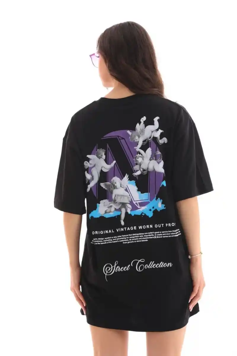 Kadın Baskılı T-Shirt Kısa Kol Bisiklet Yaka Ovarsize Rahat Kalıp Günlük Tişört - Siyah