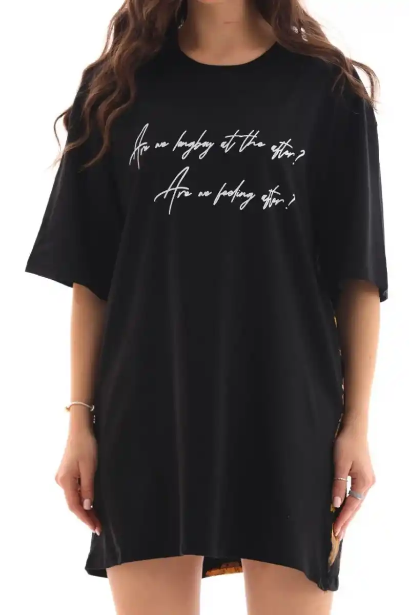 kadın Bisiklet Yaka Baskılı Oversize T-Shirt - Siyah