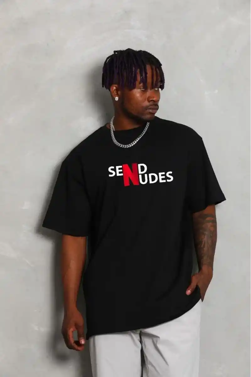 ERKEK Bisiklet Yaka Double Oversize Baskılı T-Shirt - Siyah