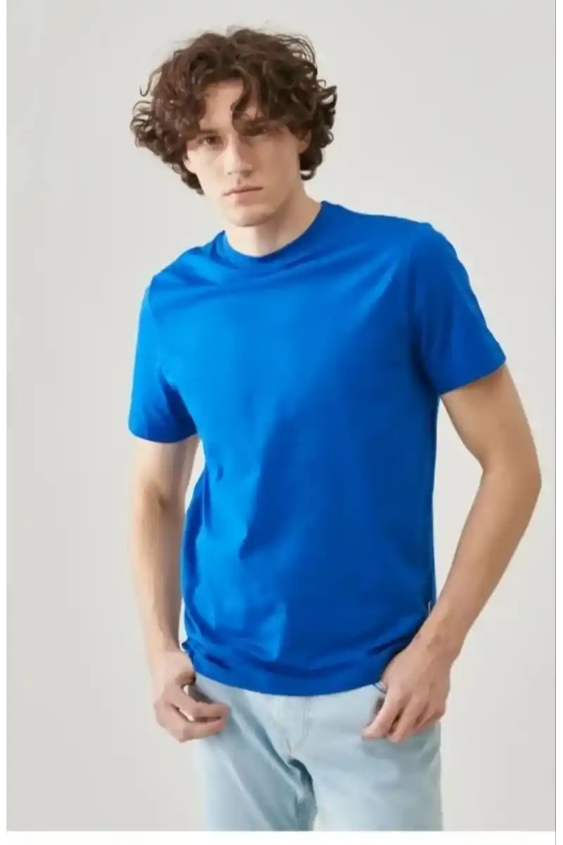 ERKEK Düz Biskilet Yaka Oversize T-shirt - Mavi
