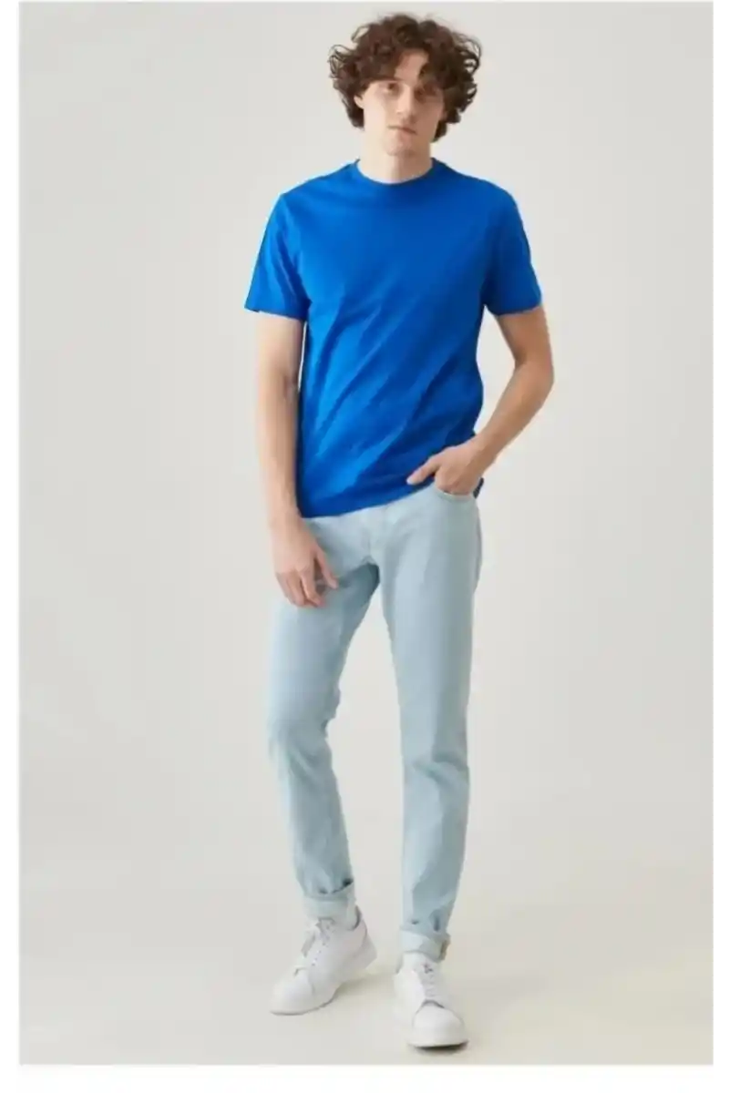 ERKEK Düz Biskilet Yaka Oversize T-shirt - Mavi