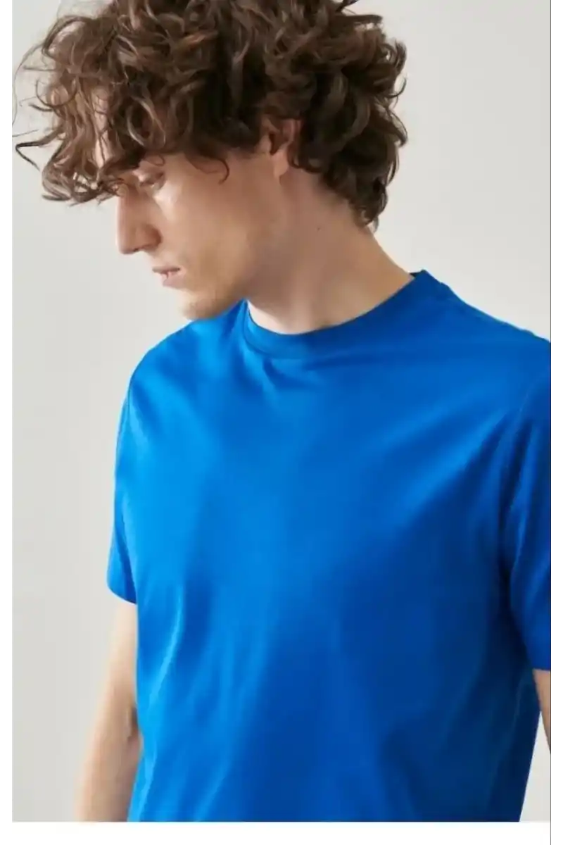 ERKEK Düz Biskilet Yaka Oversize T-shirt - Mavi