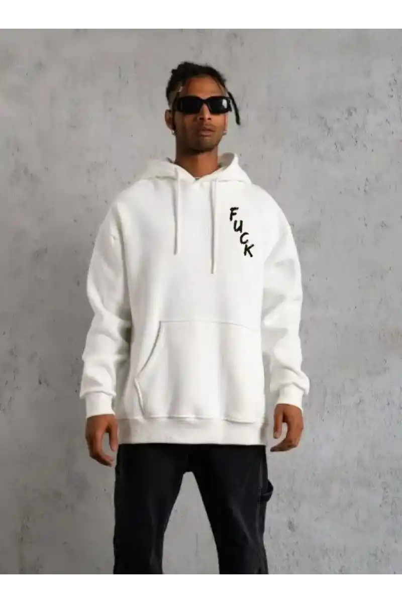 ERKEK Kapşonlu Uzun Kol Baskılı Sweetshirt - Beyaz