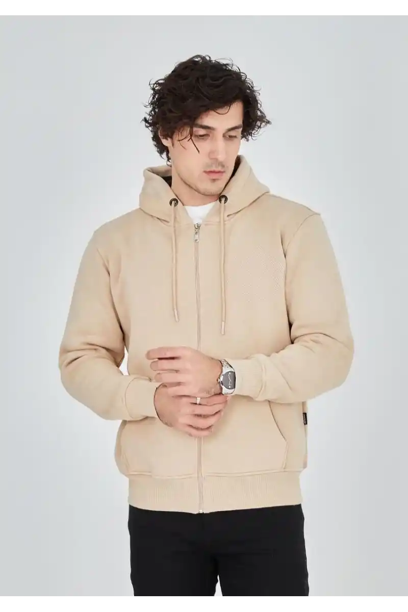 ERKEK Tam Fermuarlı Kapşonlu SweatShirt - Bej