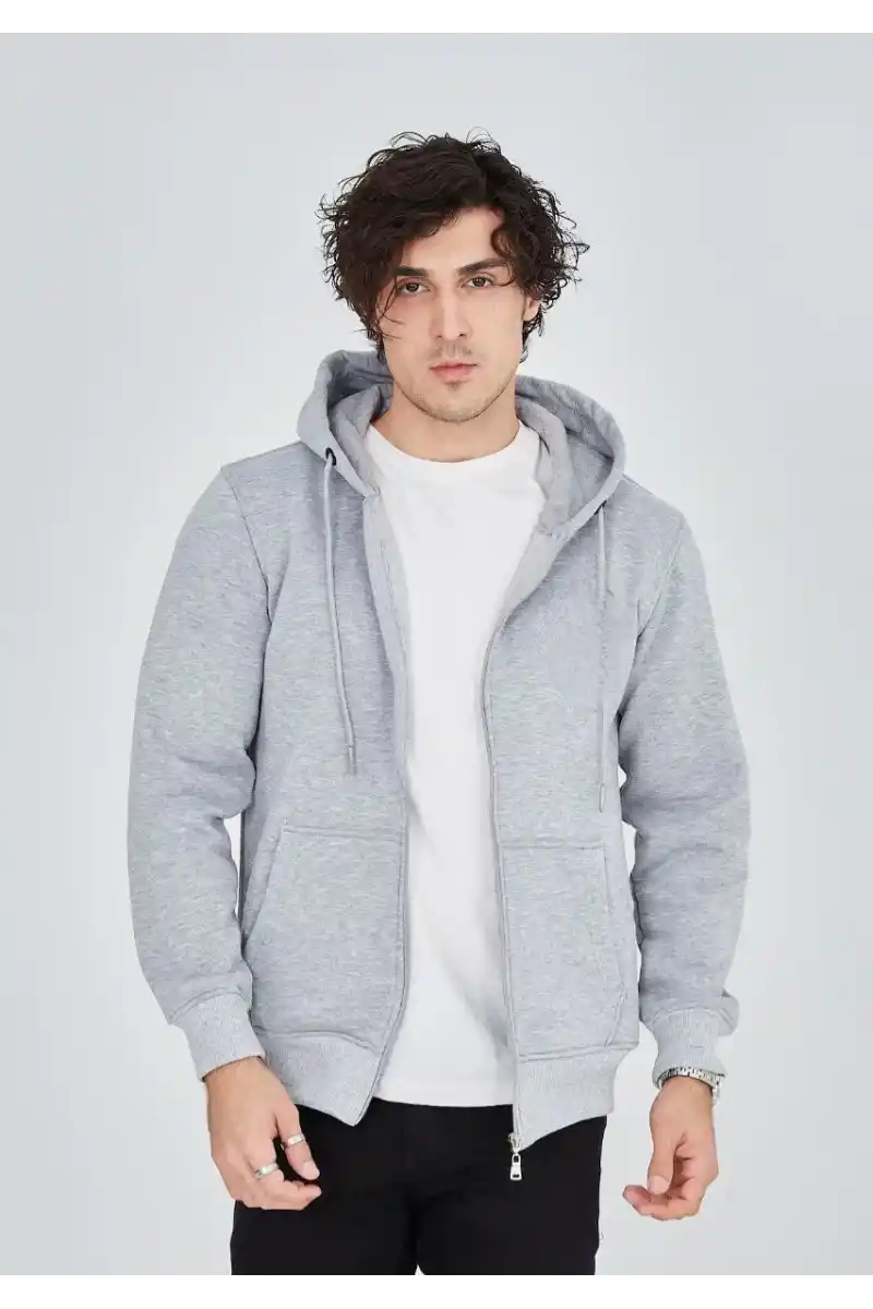 ERKEK Tam Fermuarlı Kapşonlu SweatShirt - Gri