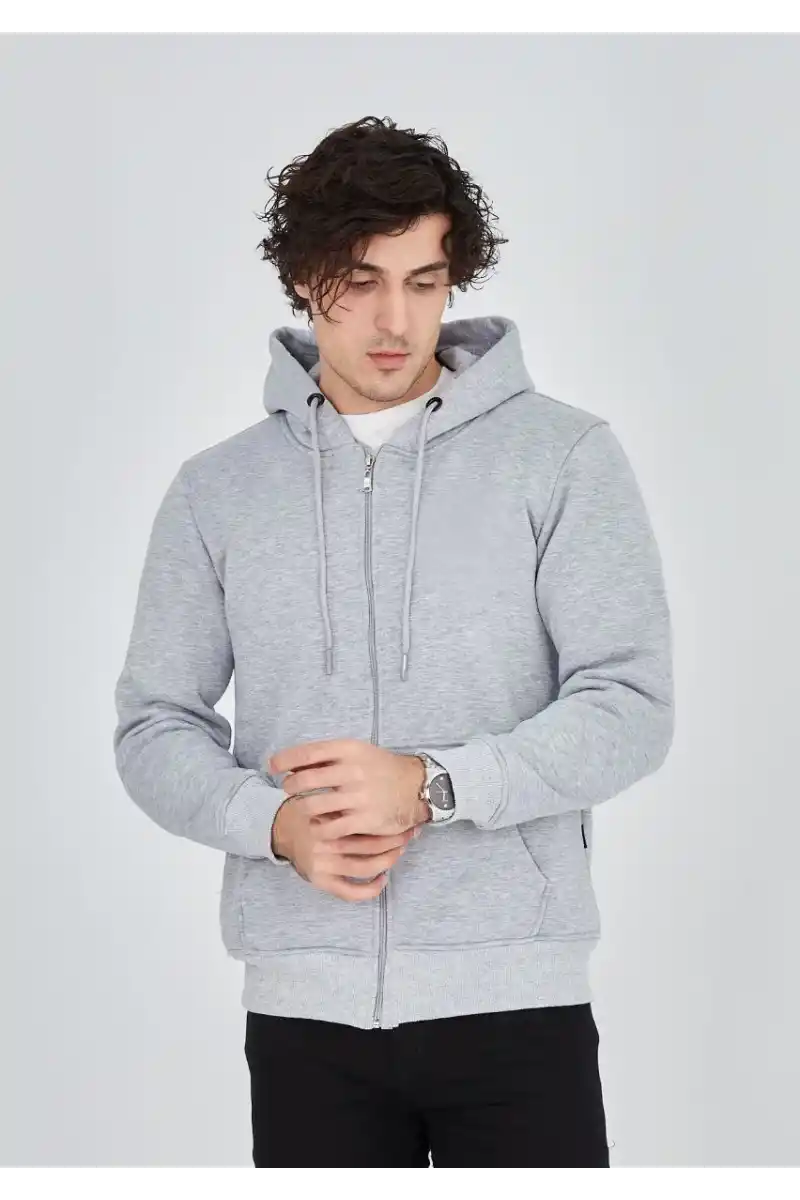 ERKEK Tam Fermuarlı Kapşonlu SweatShirt - Gri