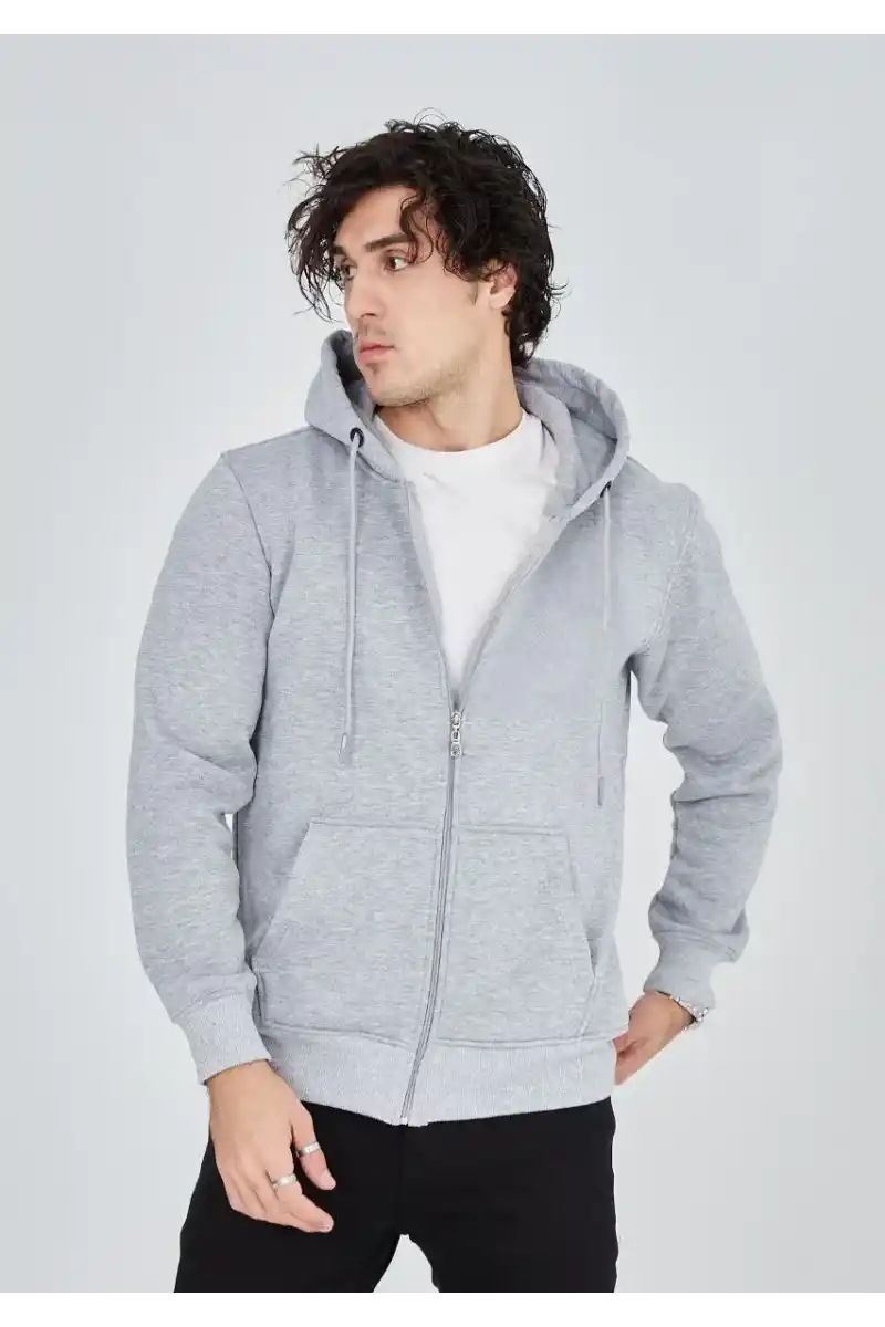 ERKEK Tam Fermuarlı Kapşonlu SweatShirt - Gri