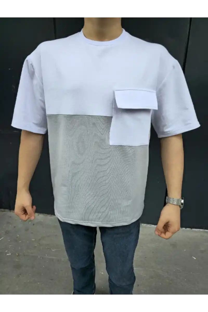 Unisex Torba Cep Detaylı Parçalı T-Shirt - Gri