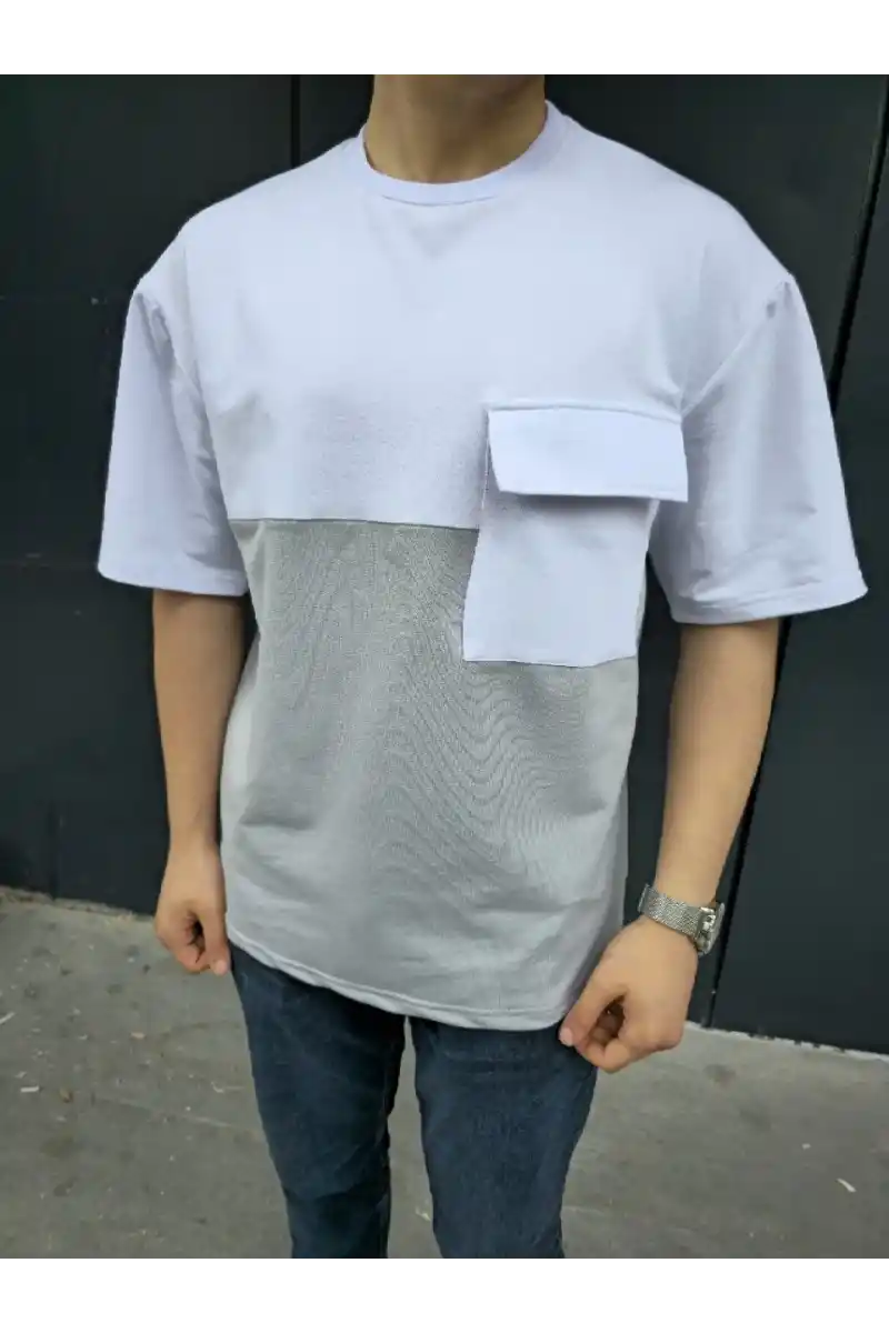 Unisex Torba Cep Detaylı Parçalı T-Shirt - Gri