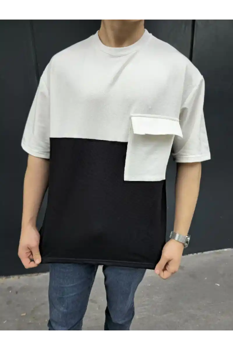 Unisex Torba Cep Detaylı Parçalı T-Shirt - Siyah