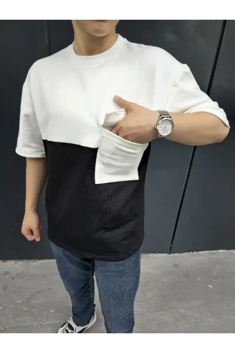 Unisex Torba Cep Detaylı Parçalı T-Shirt - Siyah