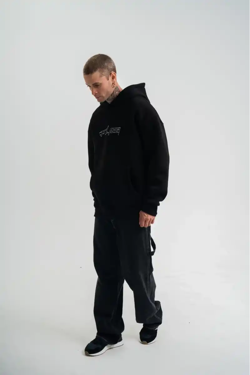 ERKEK Üç İplik Kapşonlu Nakışlı SweatShirt - Siyah