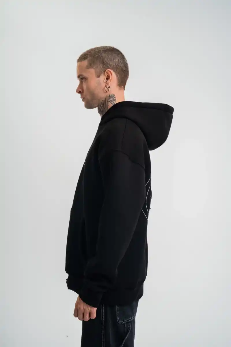 ERKEK Üç İplik Kapşonlu Nakışlı SweatShirt - Siyah