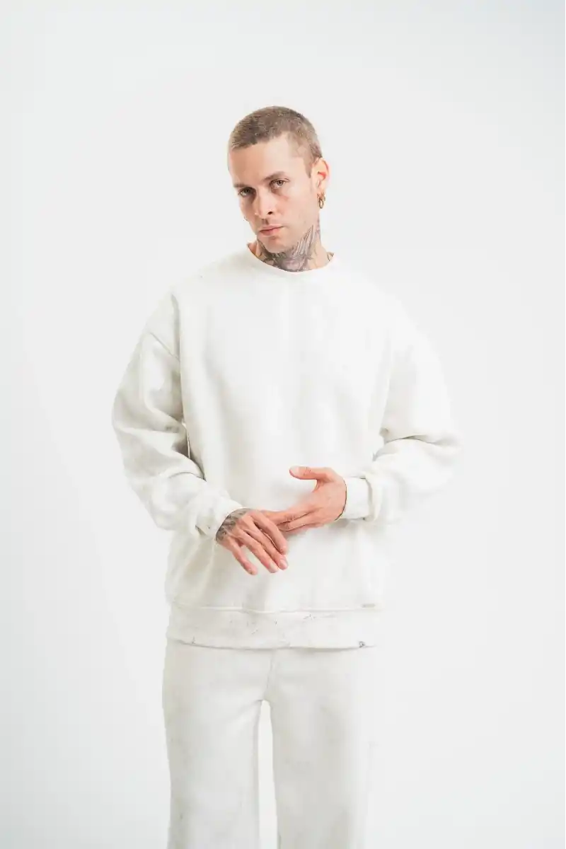 ERKEK Uzun Kol Bisiklet Yaka Yıkamalı SweatShirt - Beyaz