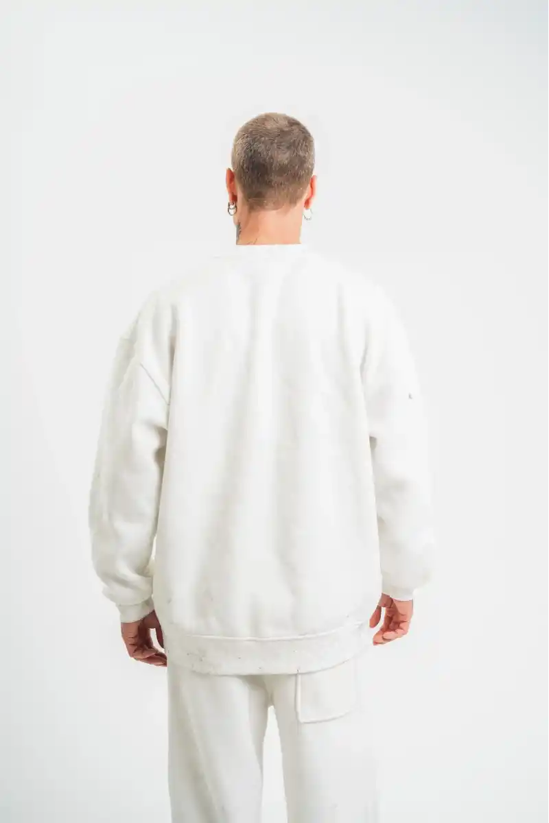 ERKEK Uzun Kol Bisiklet Yaka Yıkamalı SweatShirt - Beyaz