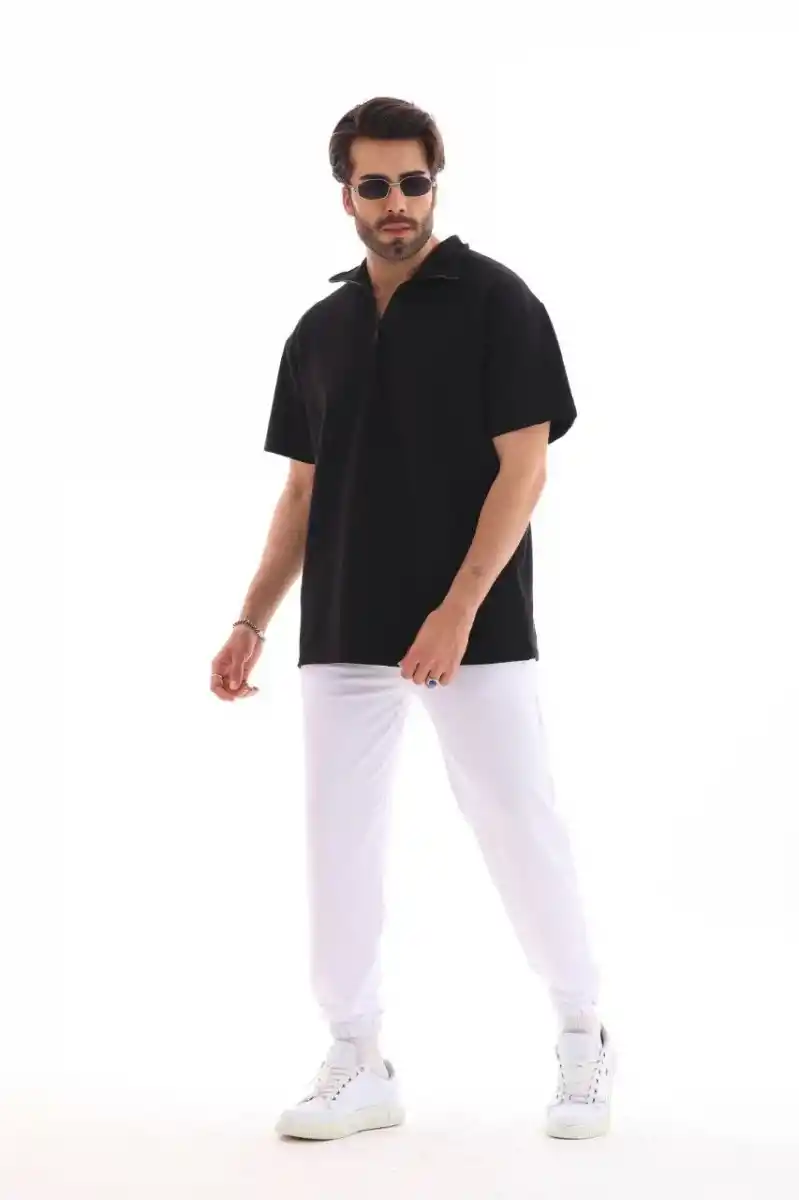 Unisex Yarım Fermuarlı Düz Oversize T-shirt - Siyah