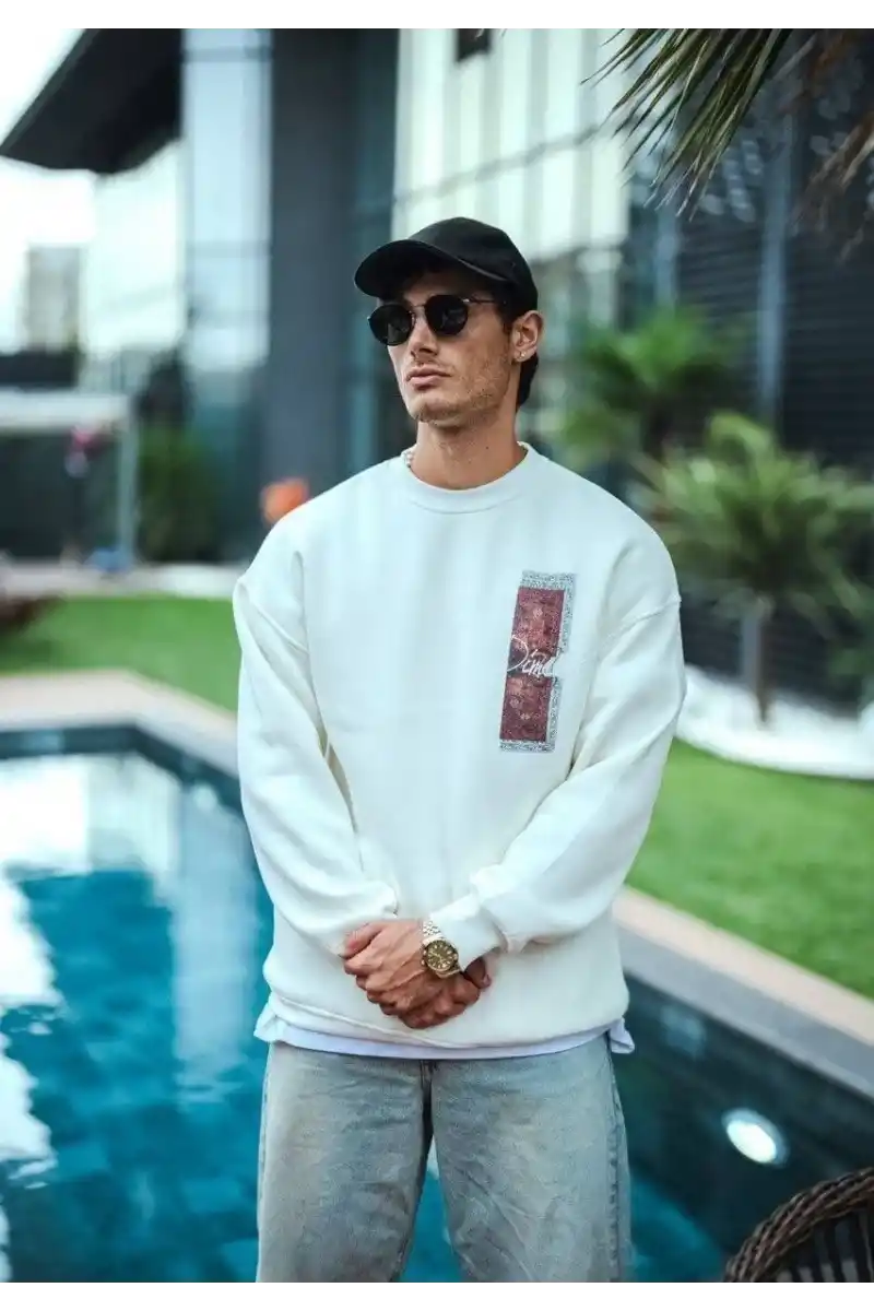 Uzun Kol Bisiklet Yaka Ön ve Arka Baskılı SweatShirt - Beyaz