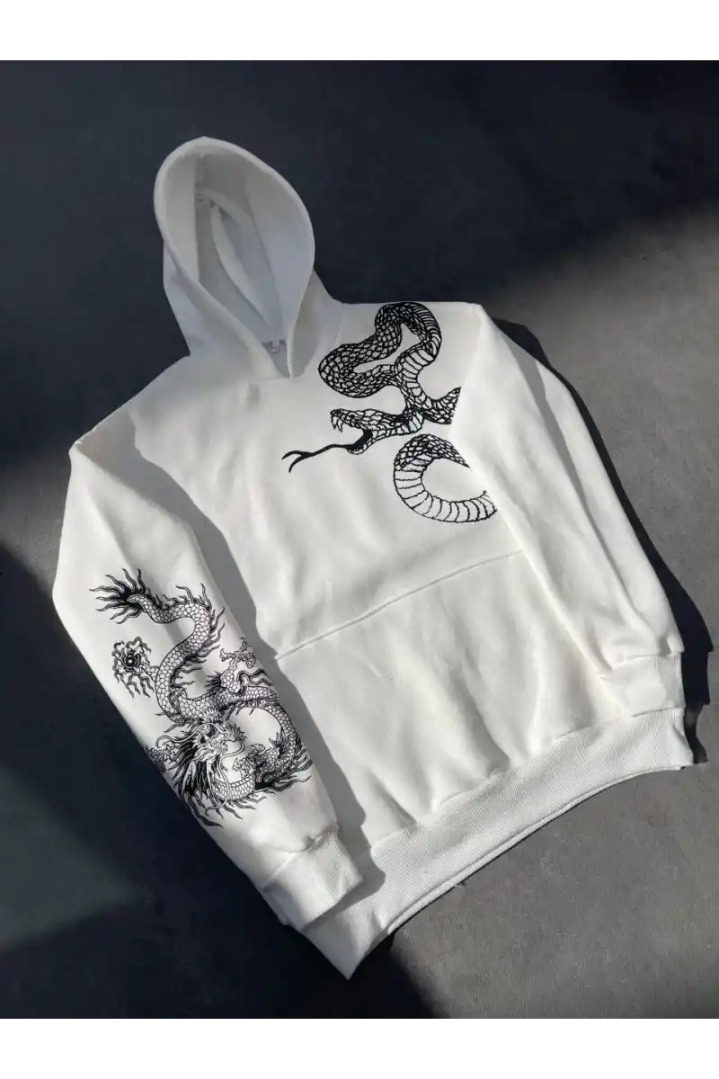 Uzun Kol Kapüşonlu Baskılı SweatShirt - Beyaz