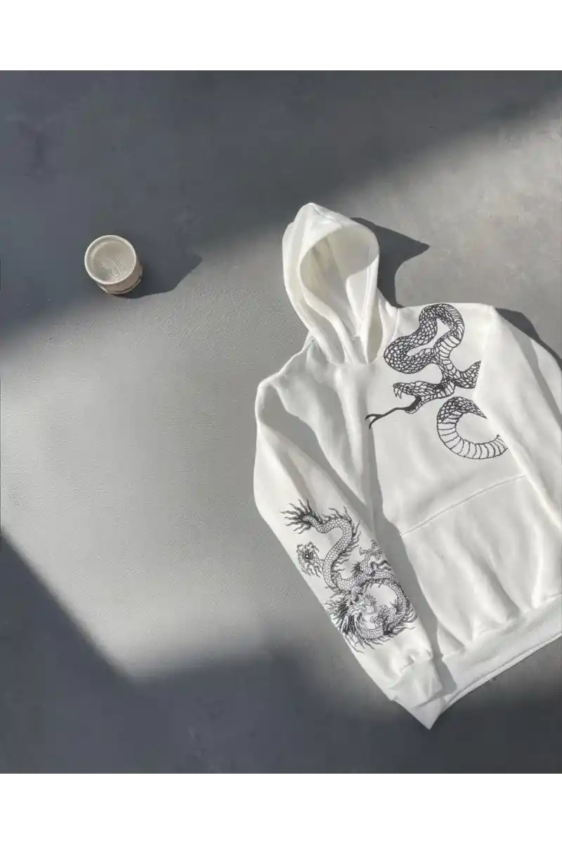 Uzun Kol Kapüşonlu Baskılı SweatShirt - Beyaz