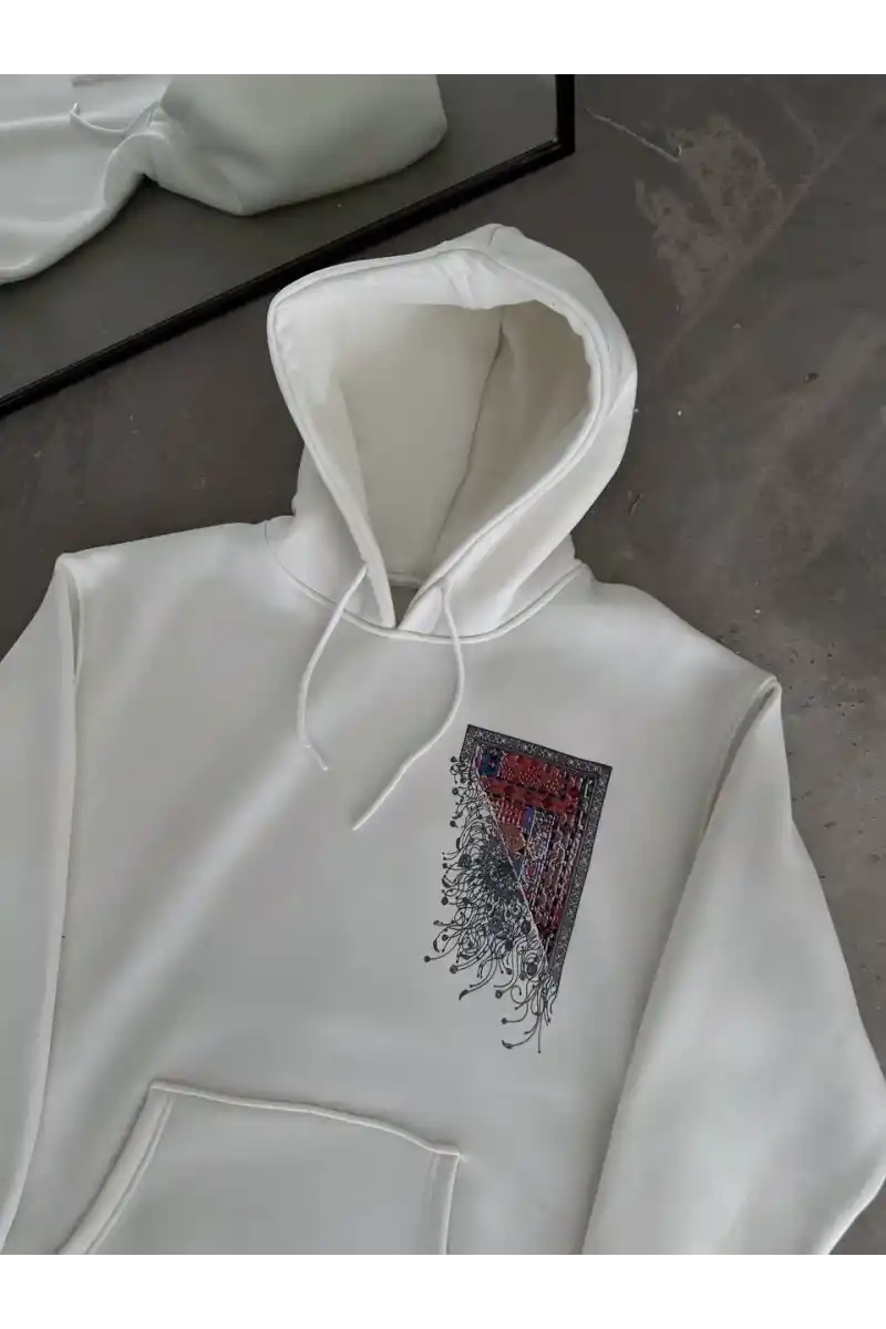 Uzun Kol Kapüşonlu Ön Ve Arka Baskılı SweatShirt - Beyaz