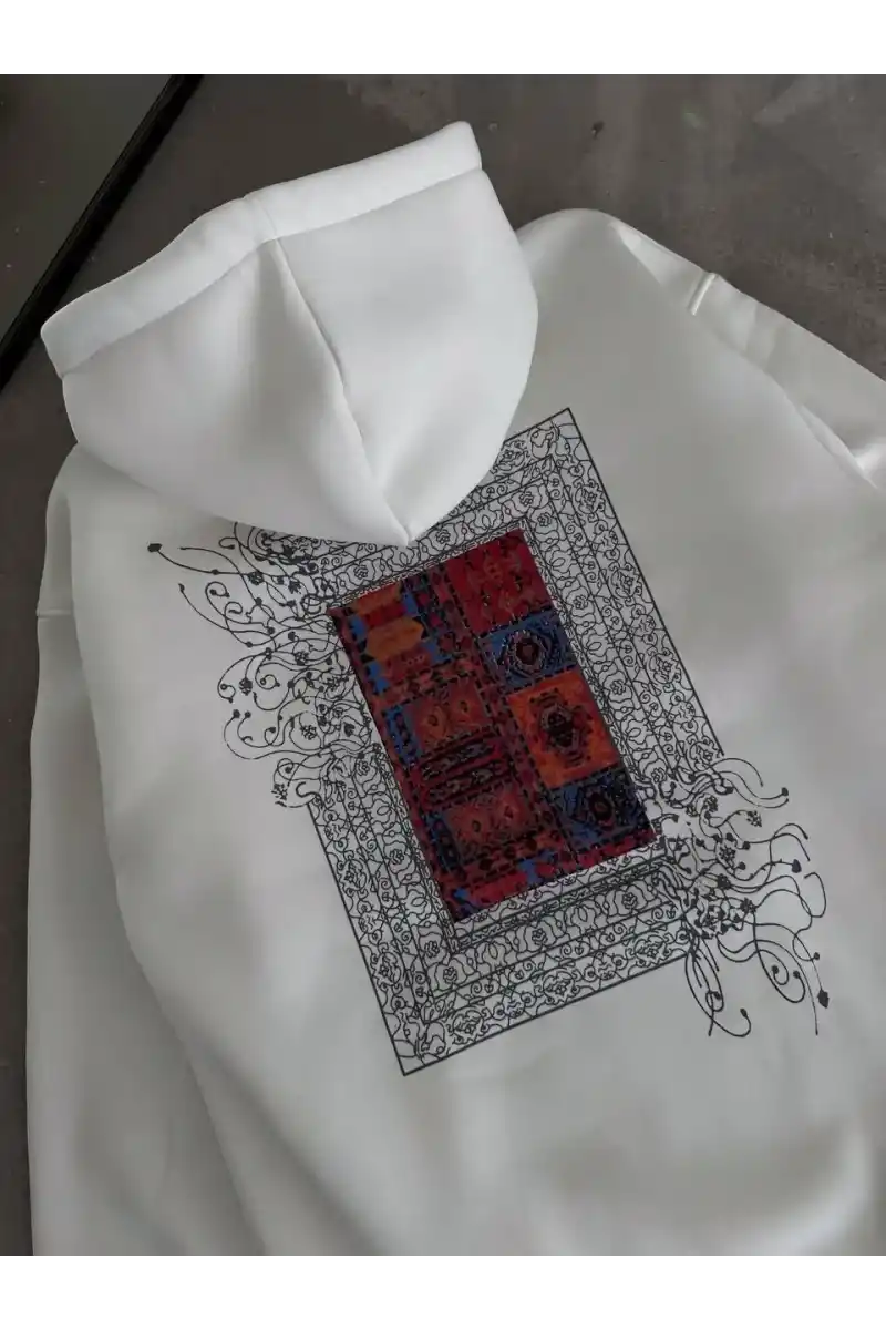 Uzun Kol Kapüşonlu Ön Ve Arka Baskılı SweatShirt - Beyaz