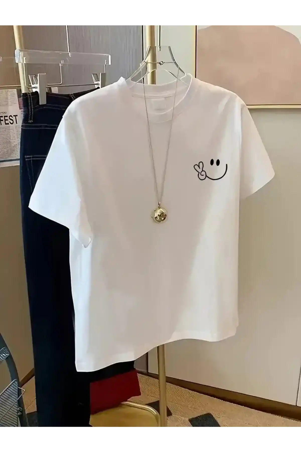 20/1 Penye Compack Gülücük Baskılı Oversize Bisiklet Yaka Kısa Kol Yazlık T-shirt - Beyaz