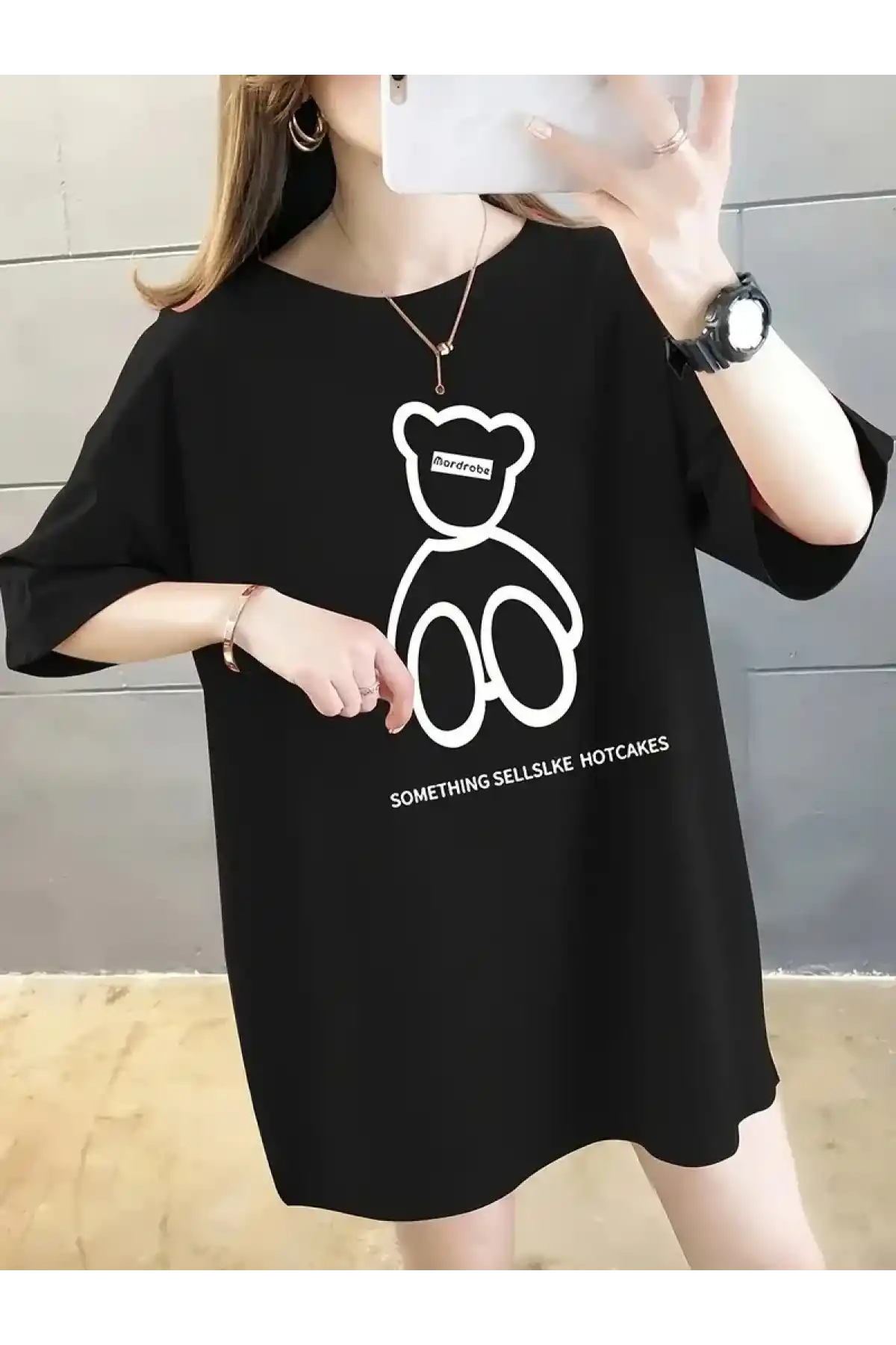 20/1 Penye Compack Ön Arka Baskılı Oversize Bisiklet Yaka T-shirt - Siyah