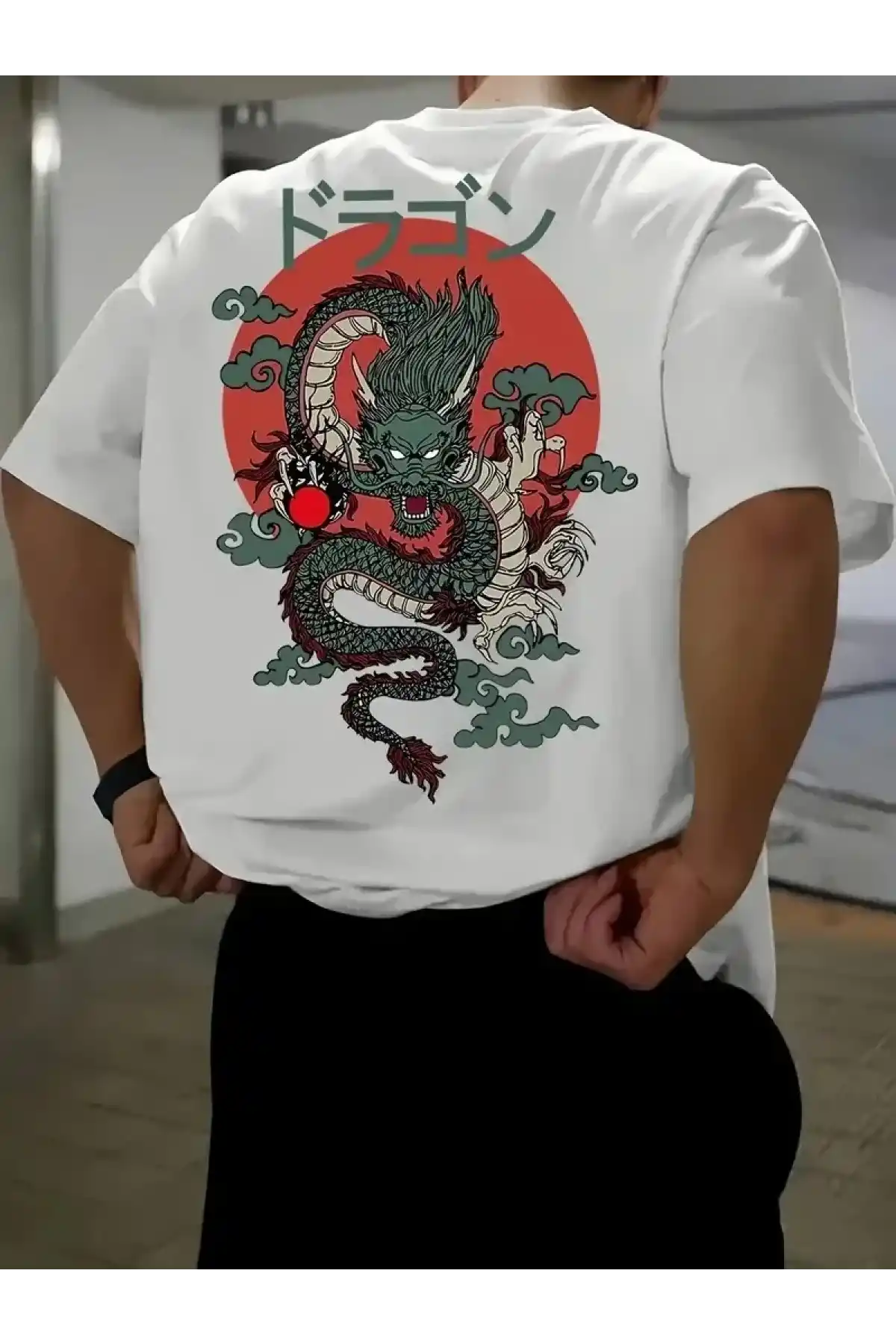 20/1 Penye Compack Ön Arka Ejder Baskılı Oversize Bisiklet Yaka T-shirt - Beyaz