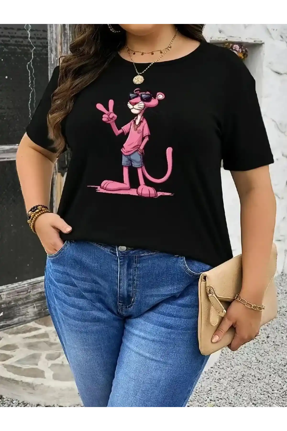 20/1 Penye Compack Pembe Panter Baskılı Oversize Bisiklet Yaka Kısa Kol Yazlık T-shirt - Beyaz