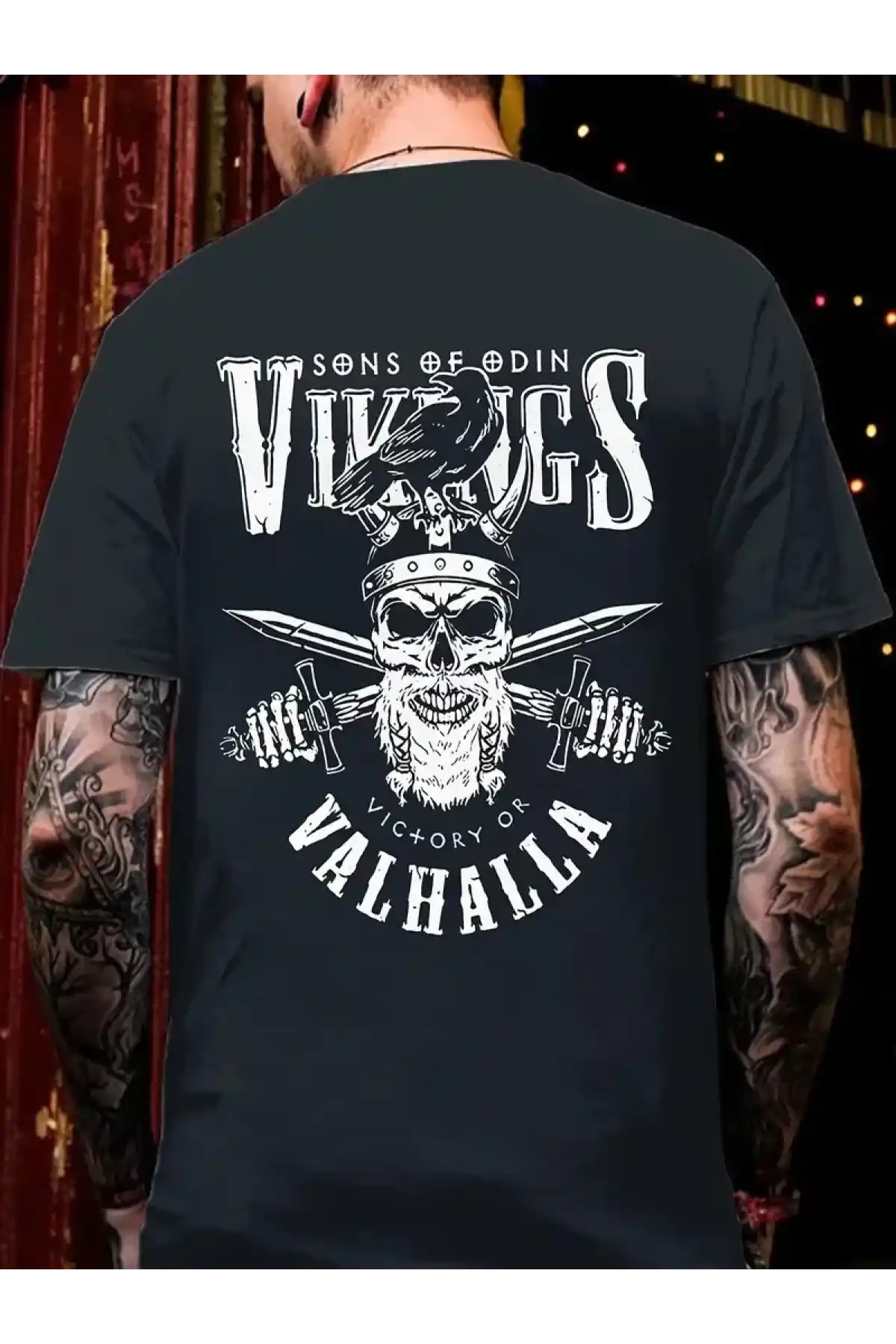 20/1 Penye Compack Vikings Valhalla Baskılı Oversize Bisiklet Yaka T-shirt - Siyah