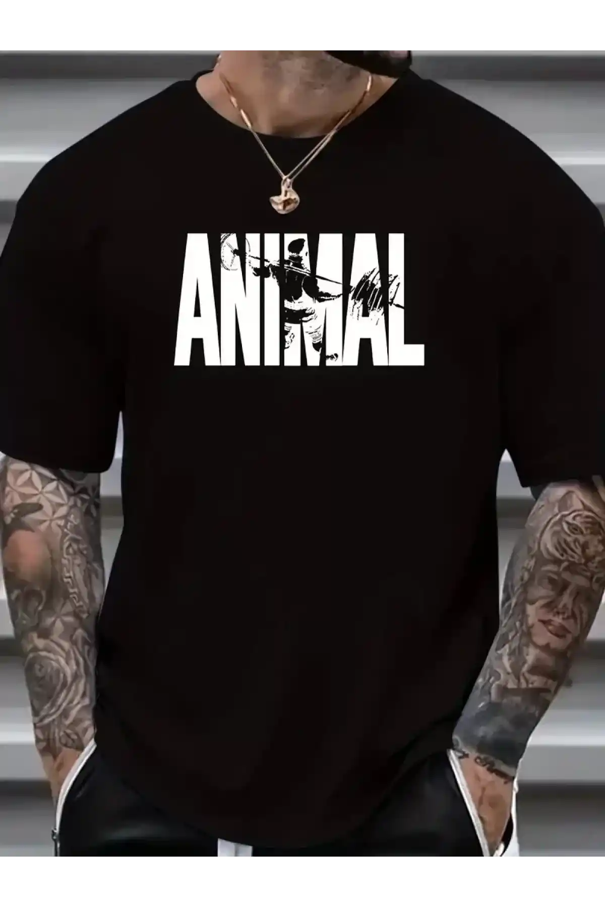 ANIMAL Desen Baskı Erkek Oversive Tişört, Grafik Tişört Erkek Yazlık Outdoor Kıyafetleri, Sporda ve Günlük Giyime Uygun  - Siyah