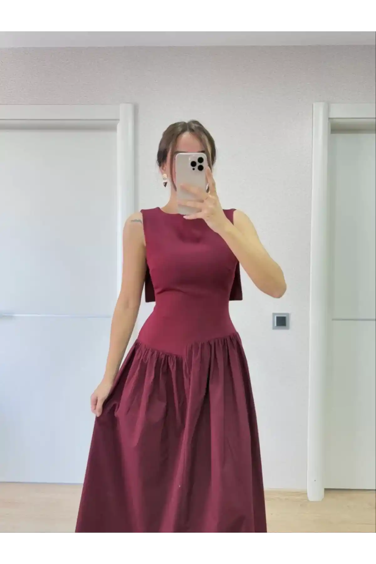 Krep Arkası Kanat Arka Ön Pens Detaylı Uzun Kadın Elbise - Bordo