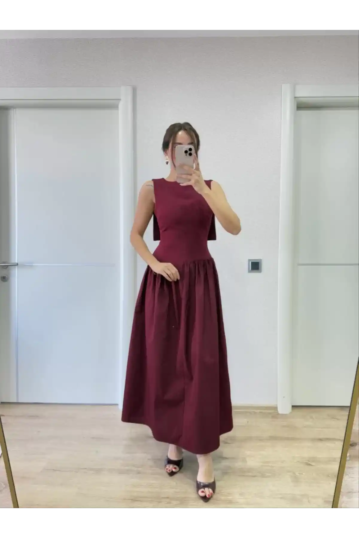 Krep Arkası Kanat Arka Ön Pens Detaylı Uzun Kadın Elbise - Bordo