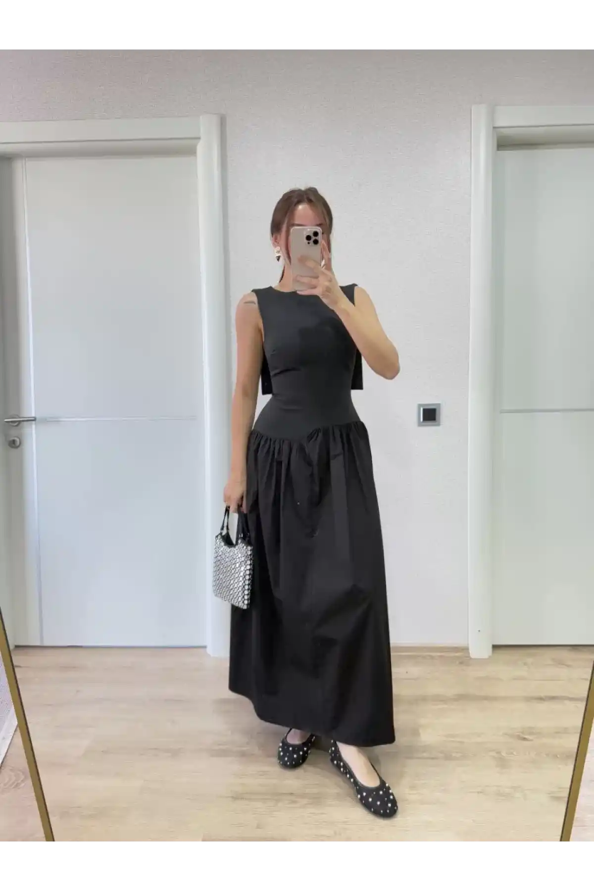 Krep Arkası Kanat Arka Ön Pens Detaylı Uzun Kadın Elbise - Siyah