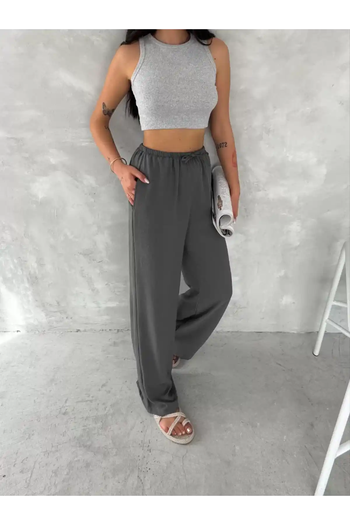 Ayrobin Oversize Kadın Pantalon - Füme