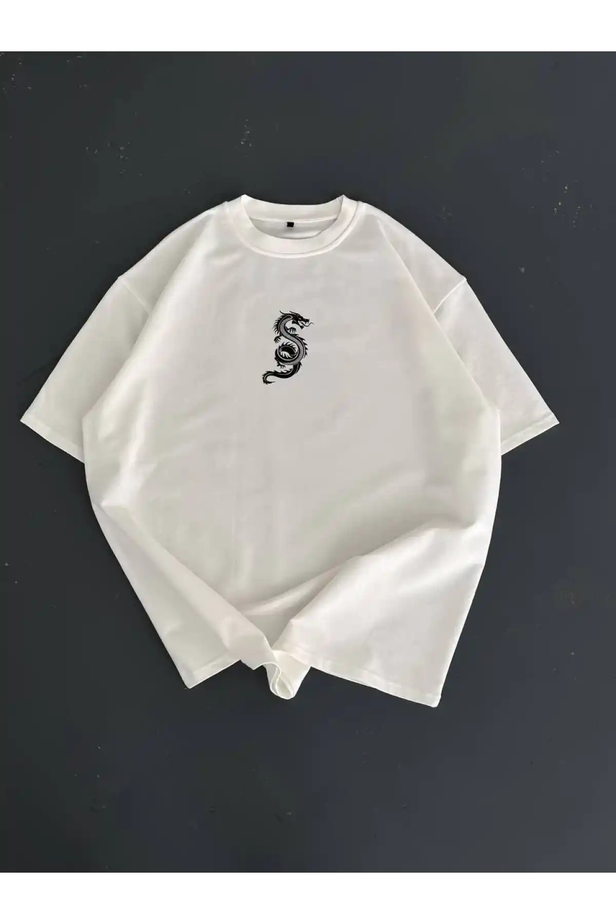 Baskılı Oversize Bisiklet Yaka T-shirt - Beyaz