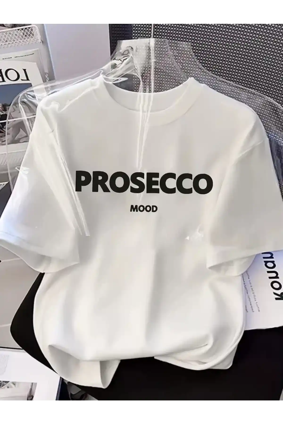 20/1 Penye Compack Baskılı Oversize Kısa Kol Bisiklet Yaka T-shirt - Beyaz