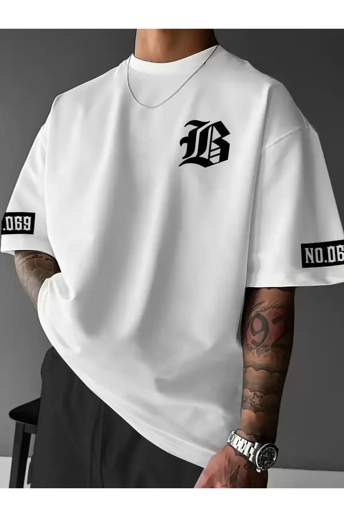 LB Baskılı Ön Arka Oversize Bisiklet Yaka Kısa Kol T-shirt - Beyaz