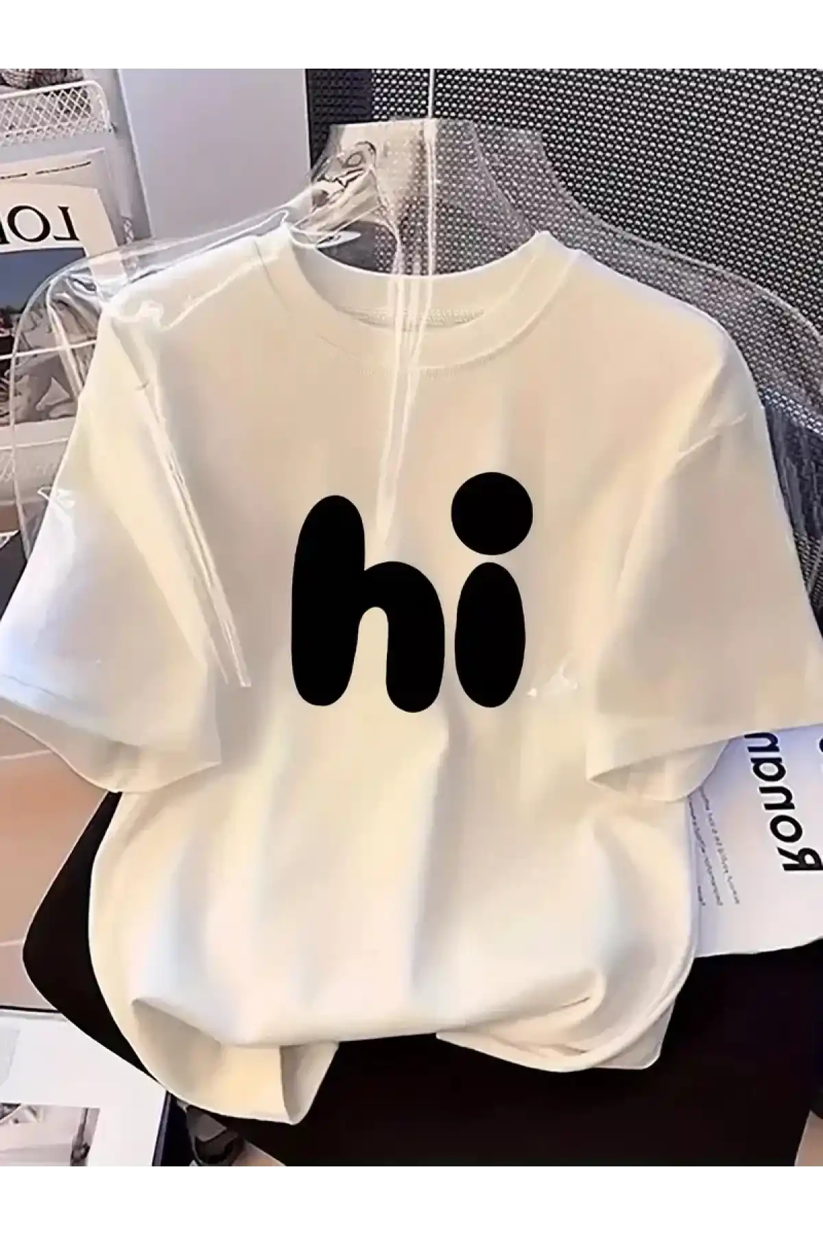 20/1 Penye Compack Baskılı Oversize Bisiklet Yaka Kısa Kol Yazlık T-shirt - Beyaz