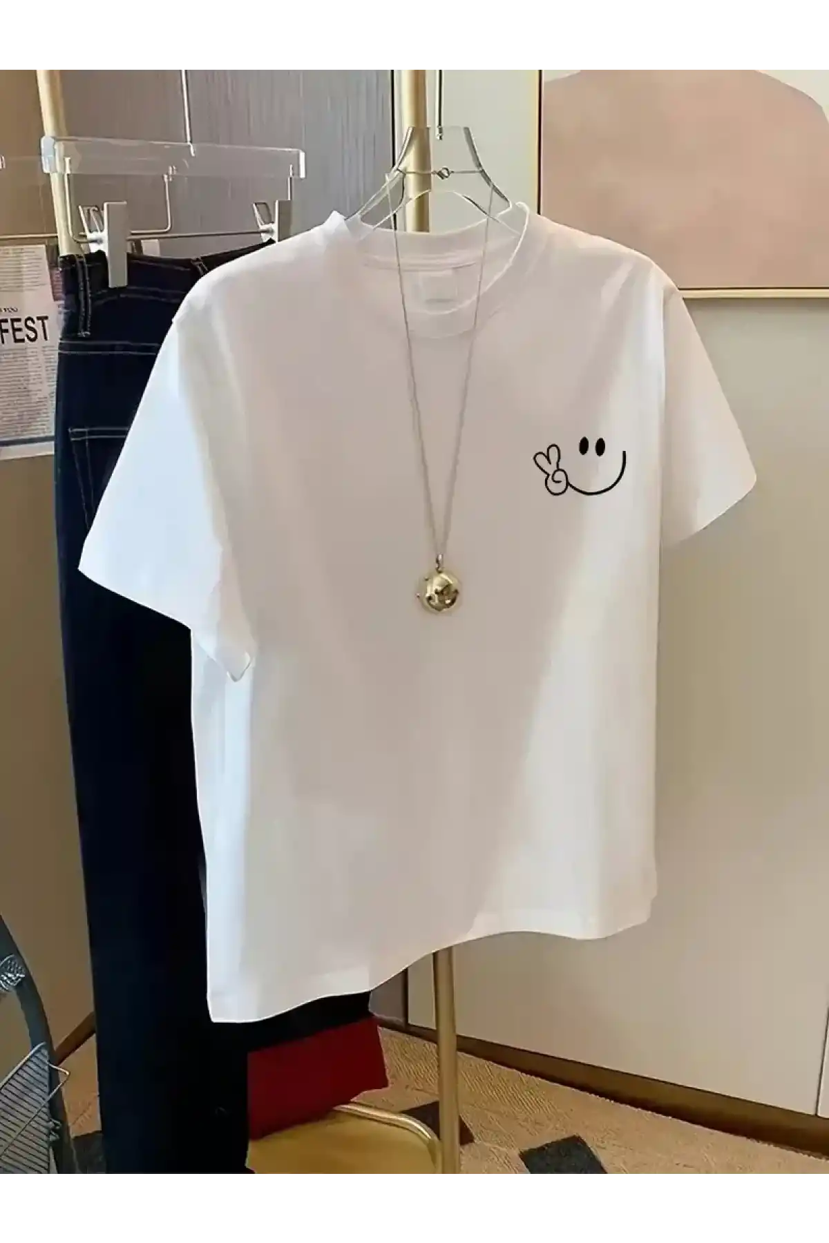 20/1 Penye Compack Gülücük Baskılı Oversize Bisiklet Yaka Kısa Kol Yazlık T-shirt - Beyaz