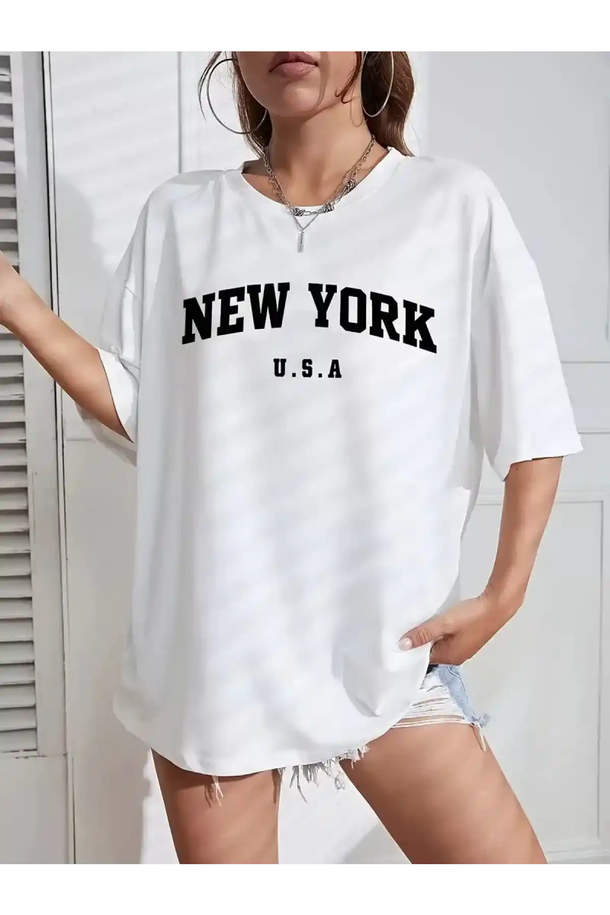 20/1 Penye CompackNew York Baskılı Oversize Kısa Kol Bisiklet Yaka T-shirt - Beyaz